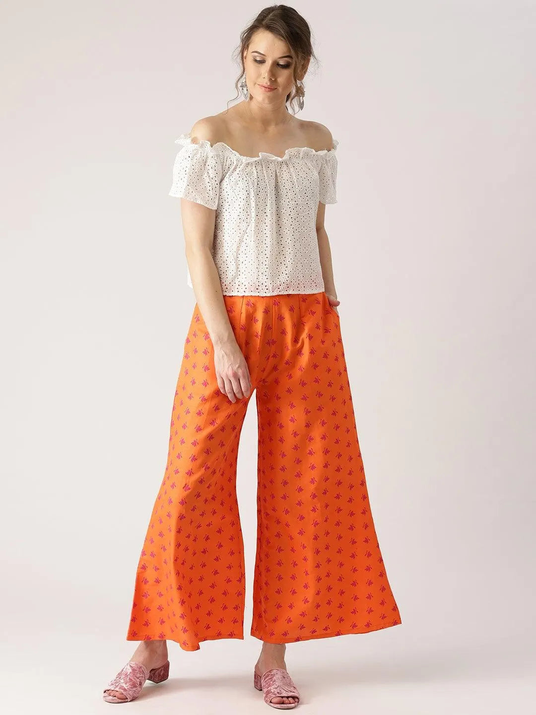 Orange Printed Cotton Palazzos - Libas