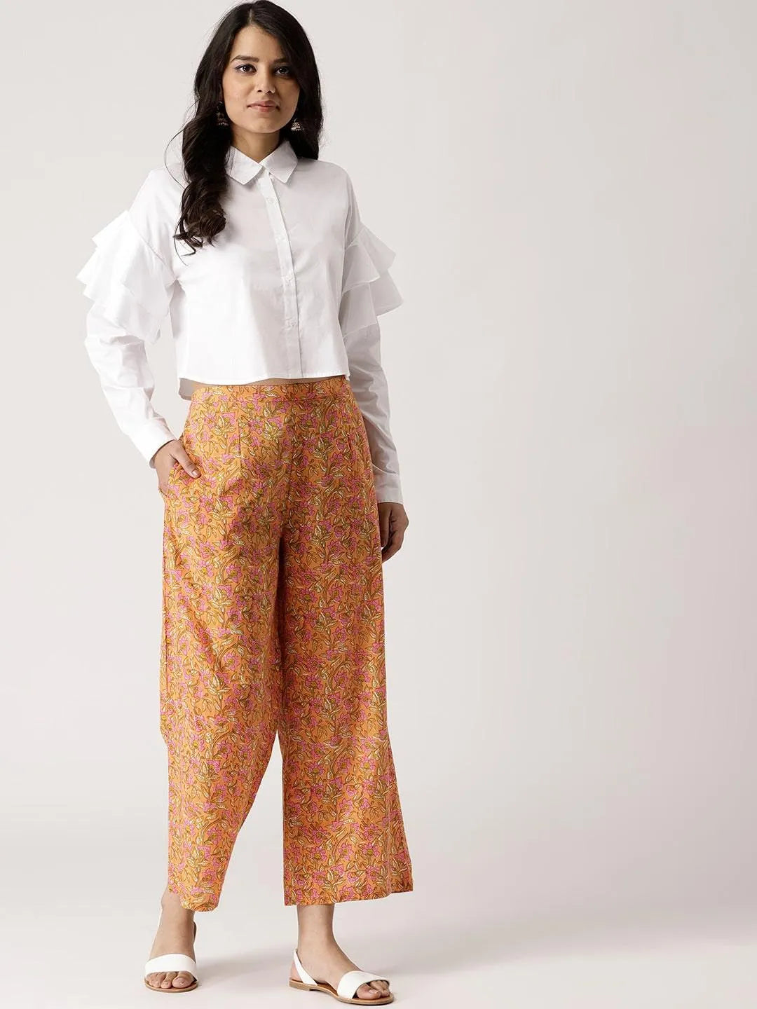 Orange Printed Cotton Palazzos - Libas 