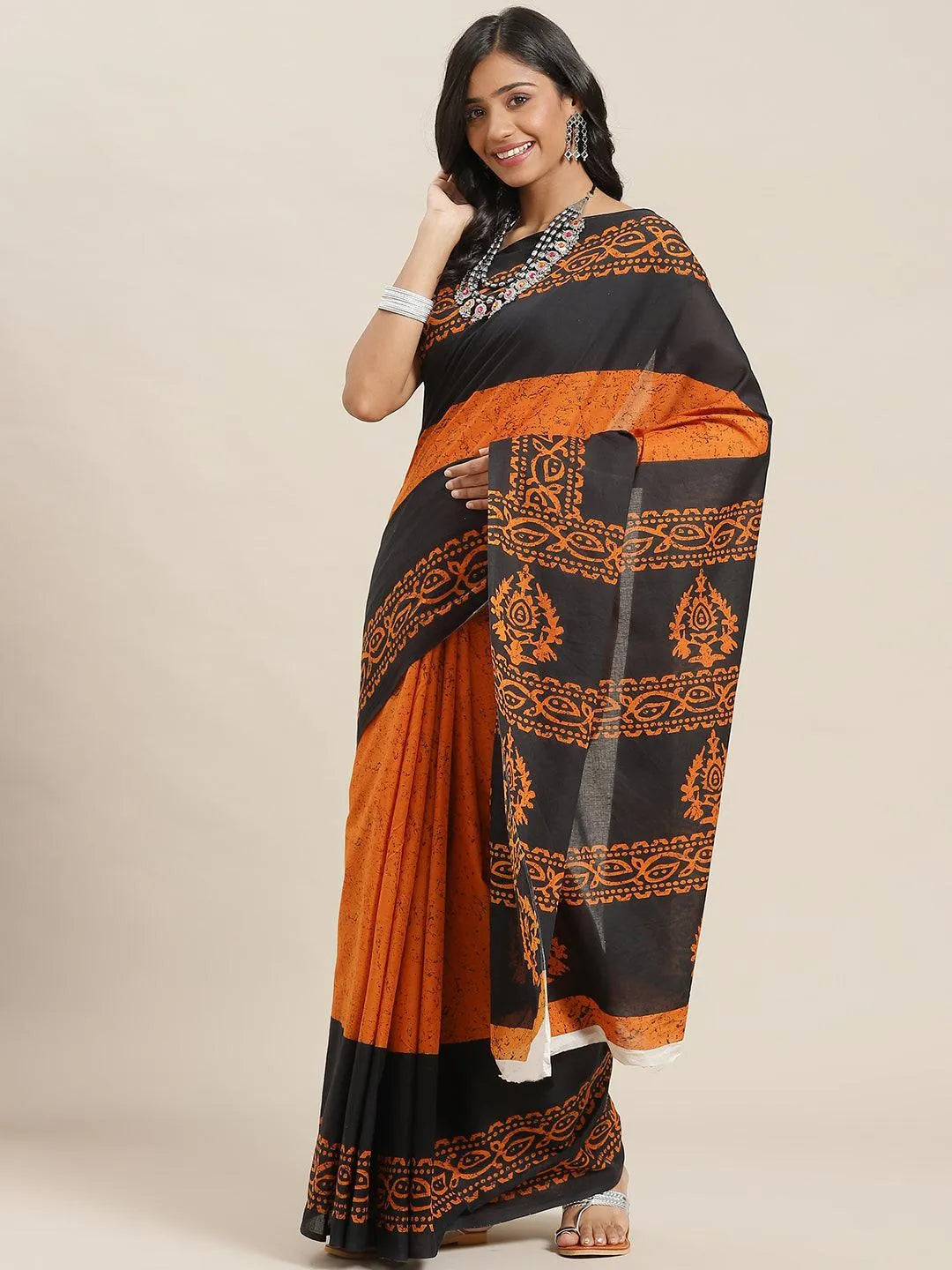 Orange Printed Cotton Saree - Libas 