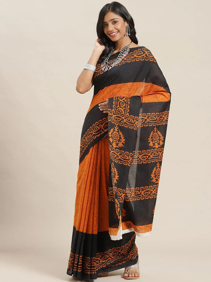 Orange Printed Cotton Saree - Libas