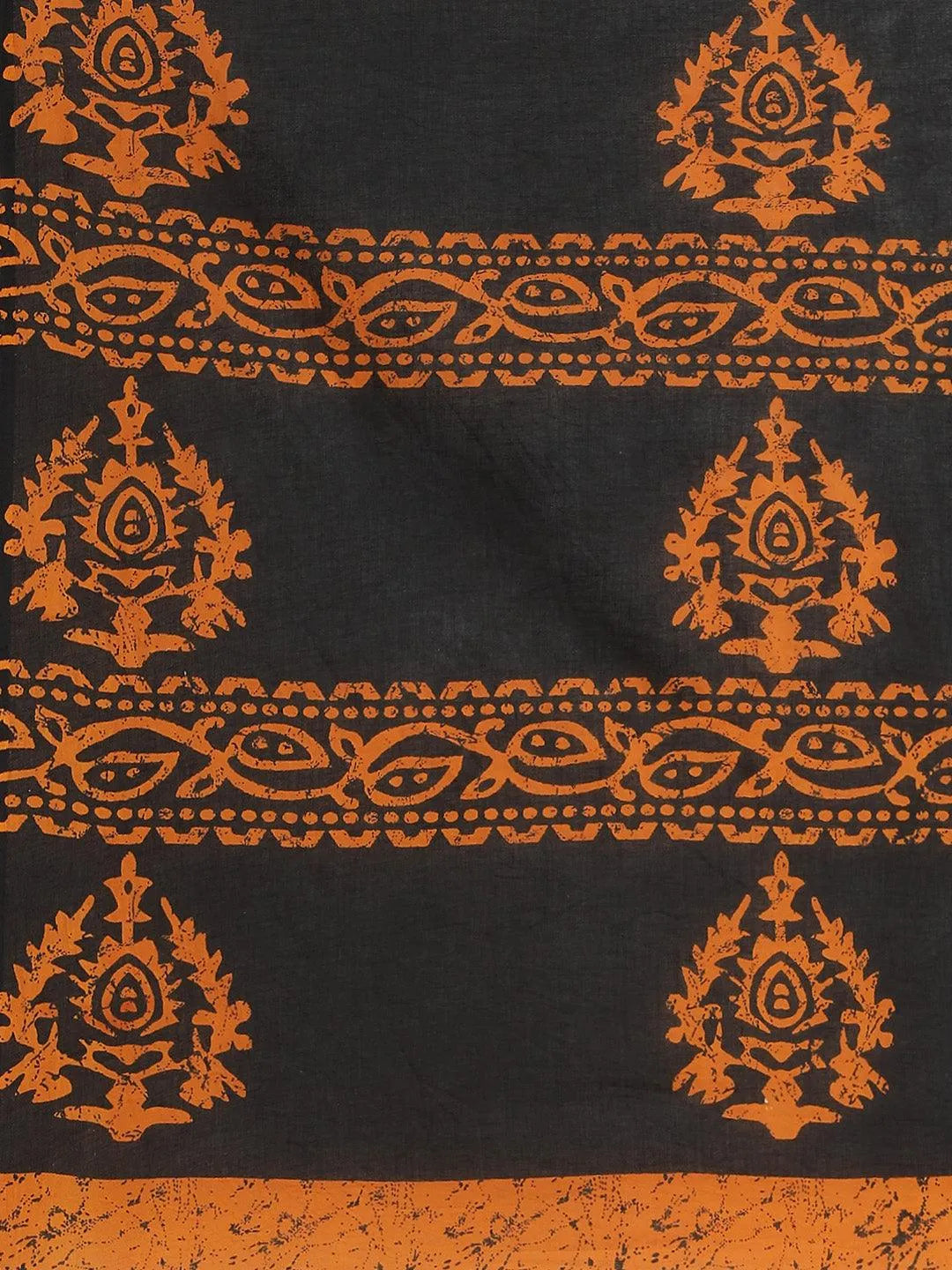 Orange Printed Cotton Saree - Libas 