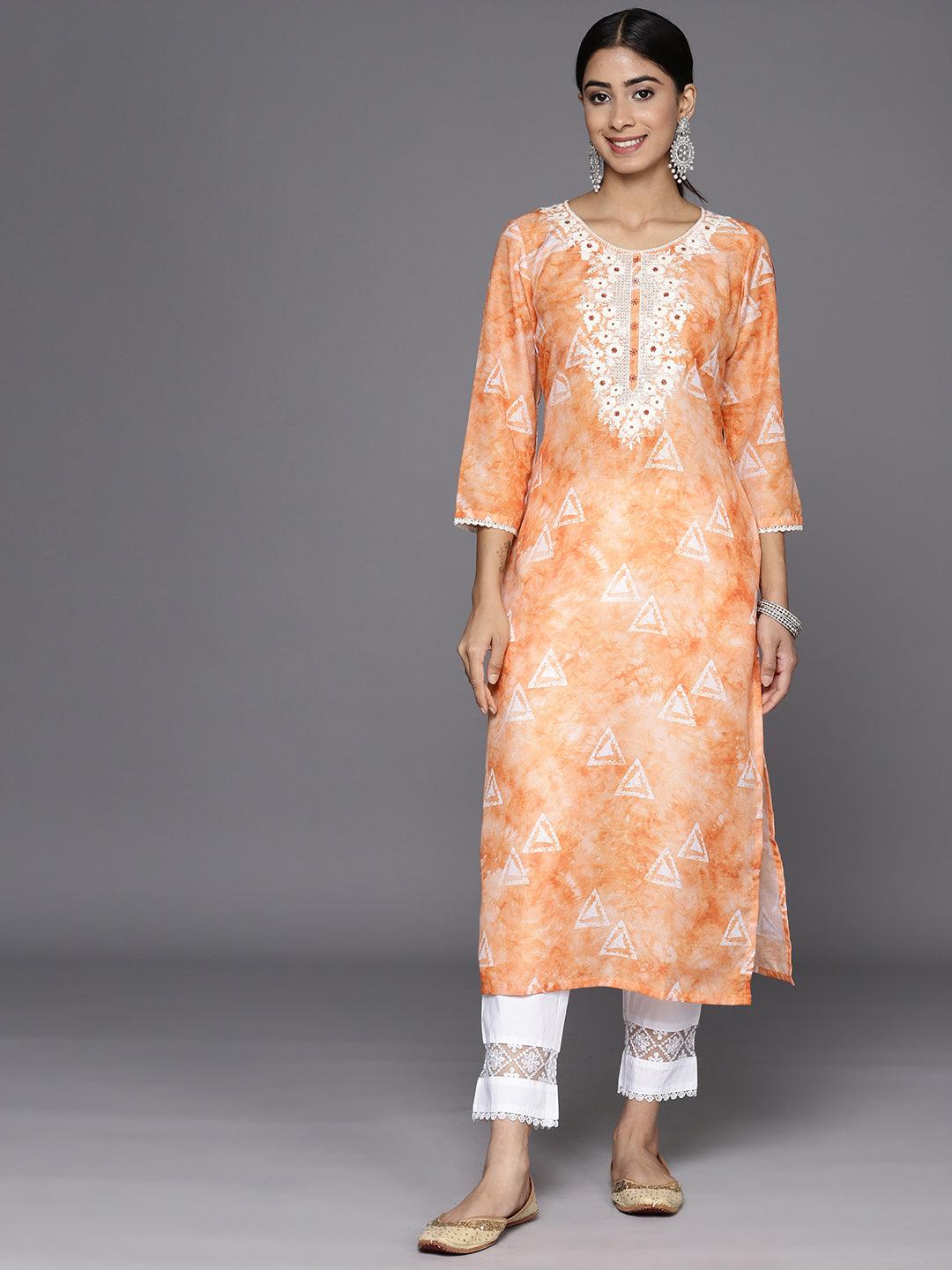 Orange Printed Cotton Straight Kurta - Libas