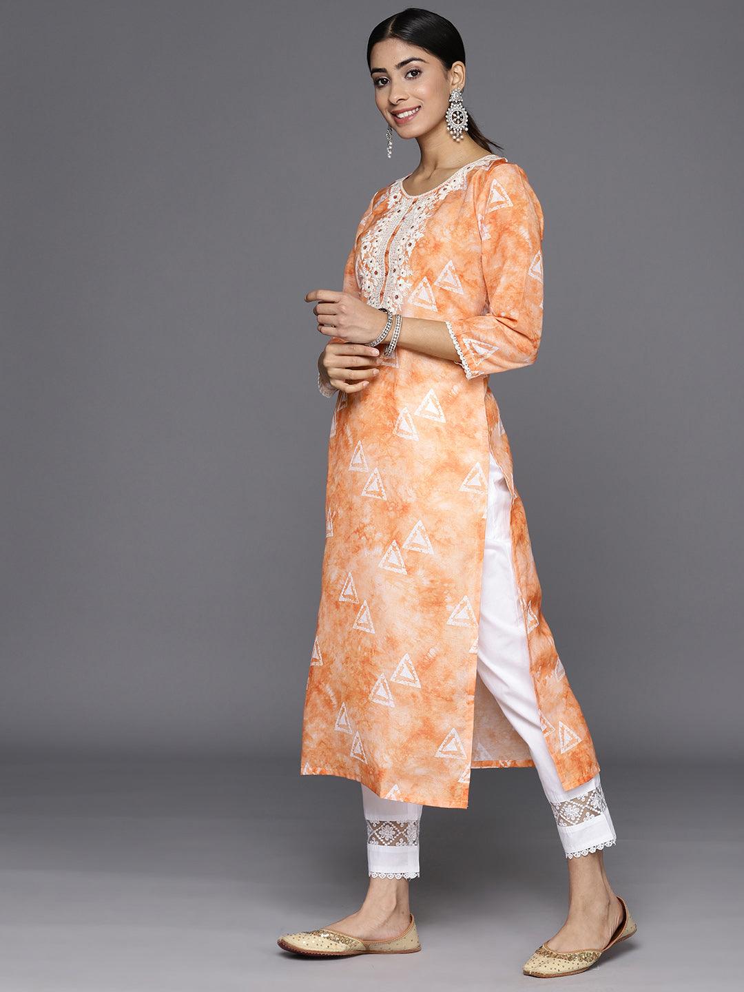 Orange Printed Cotton Straight Kurta - Libas