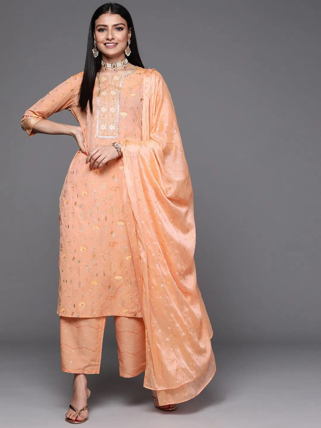 Orange Printed Cotton Suit Set - Libas