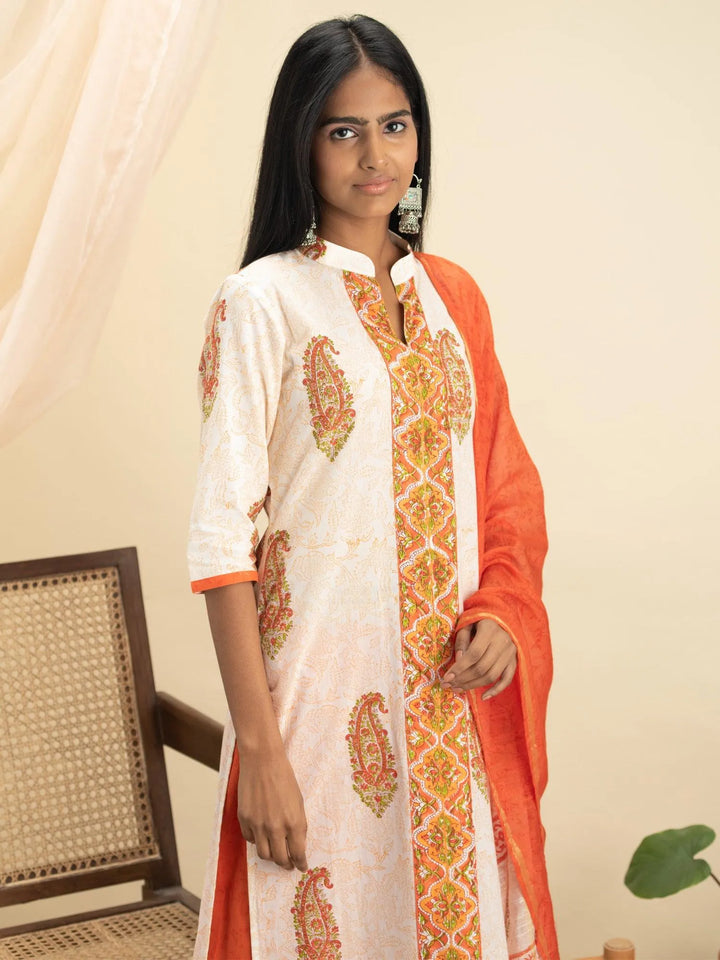 Orange Printed Cotton Suit Set - Libas