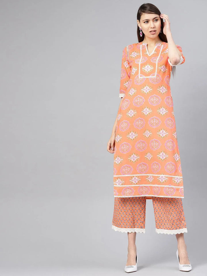 Orange Printed Cotton Kurta Set - Libas