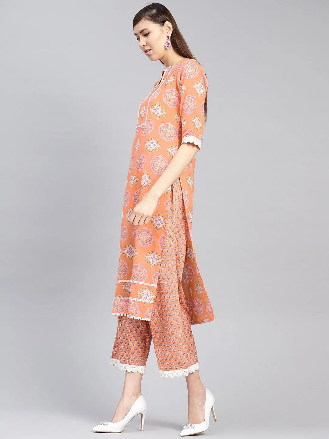 Orange Printed Cotton Kurta Set - Libas