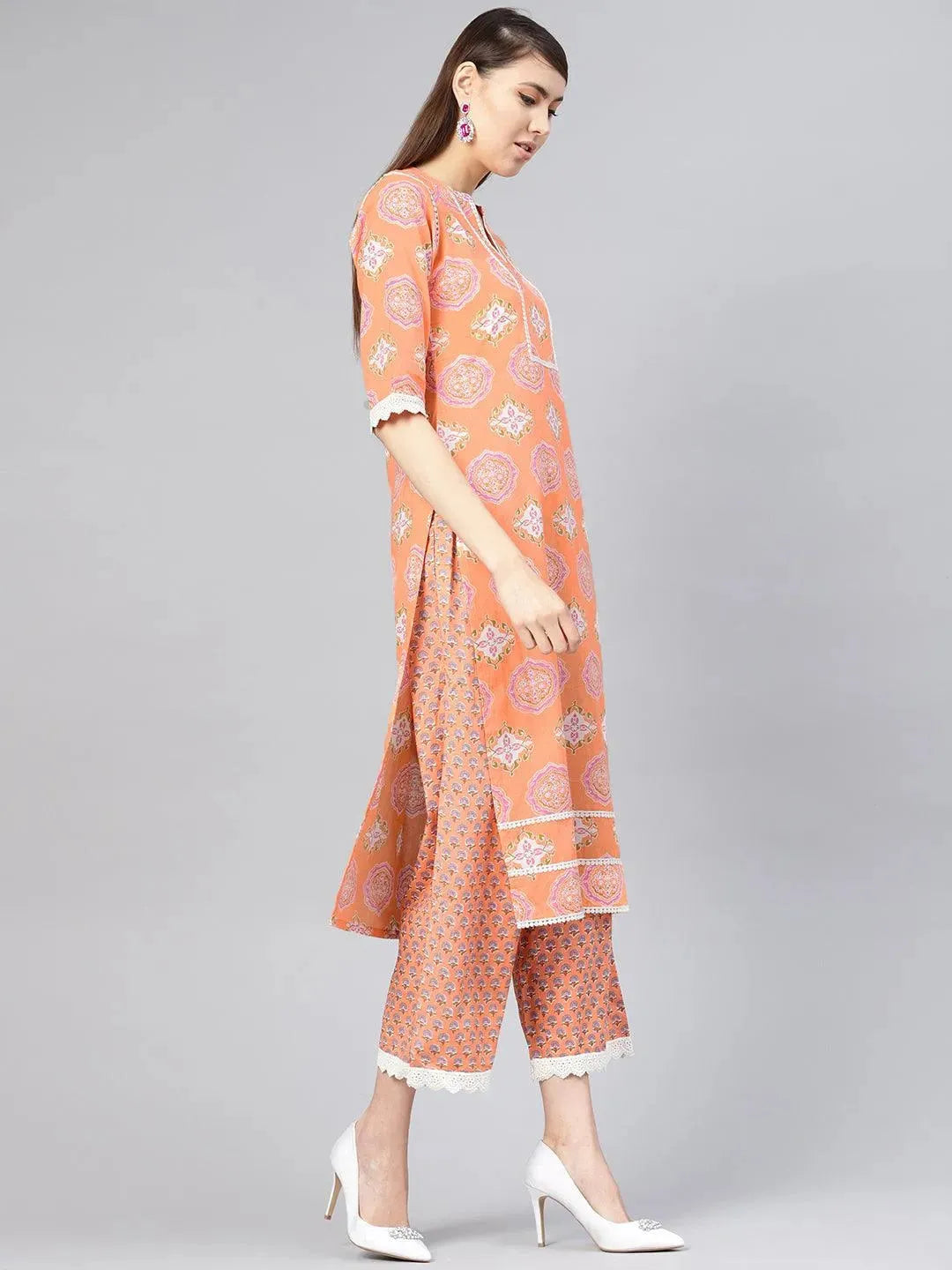 

Orange Printed Cotton Straight Kurta With Palazzos