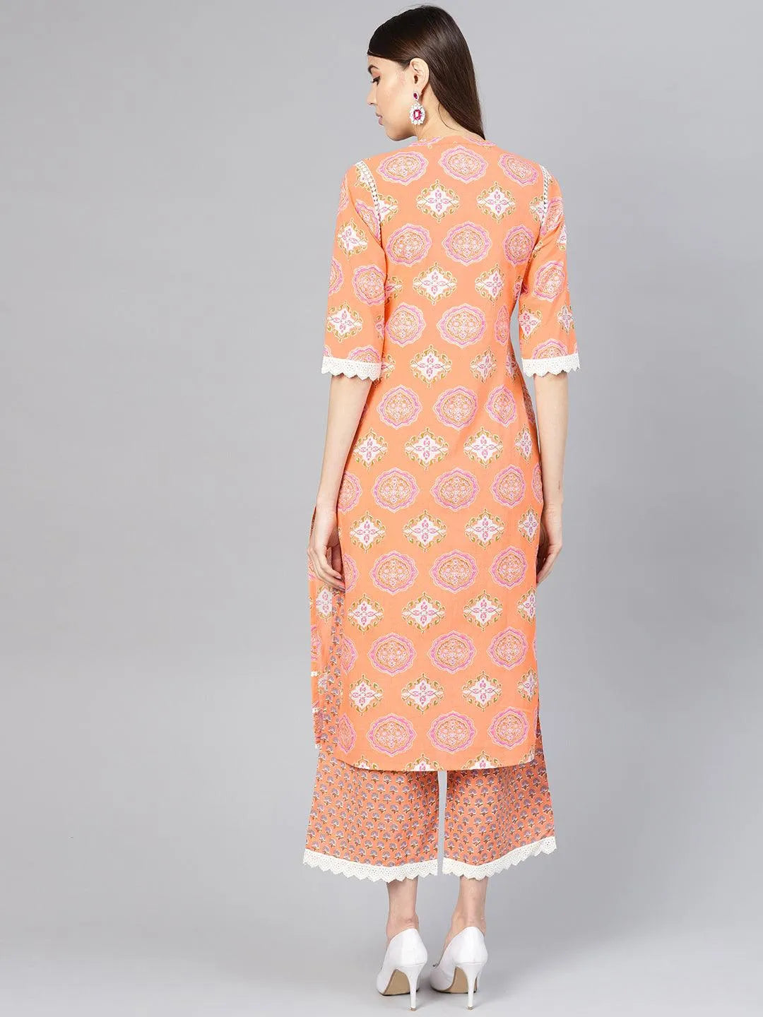 Orange Printed Cotton Kurta Set - Libas