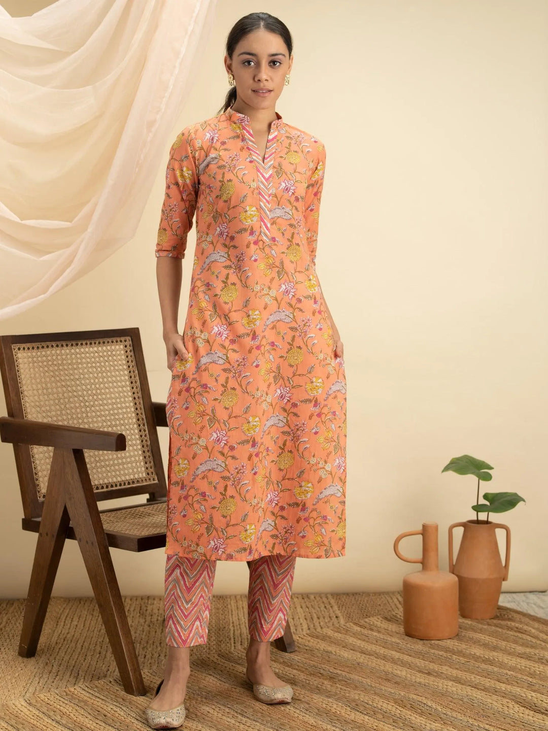 Orange Printed Cotton Kurta Set - Libas 