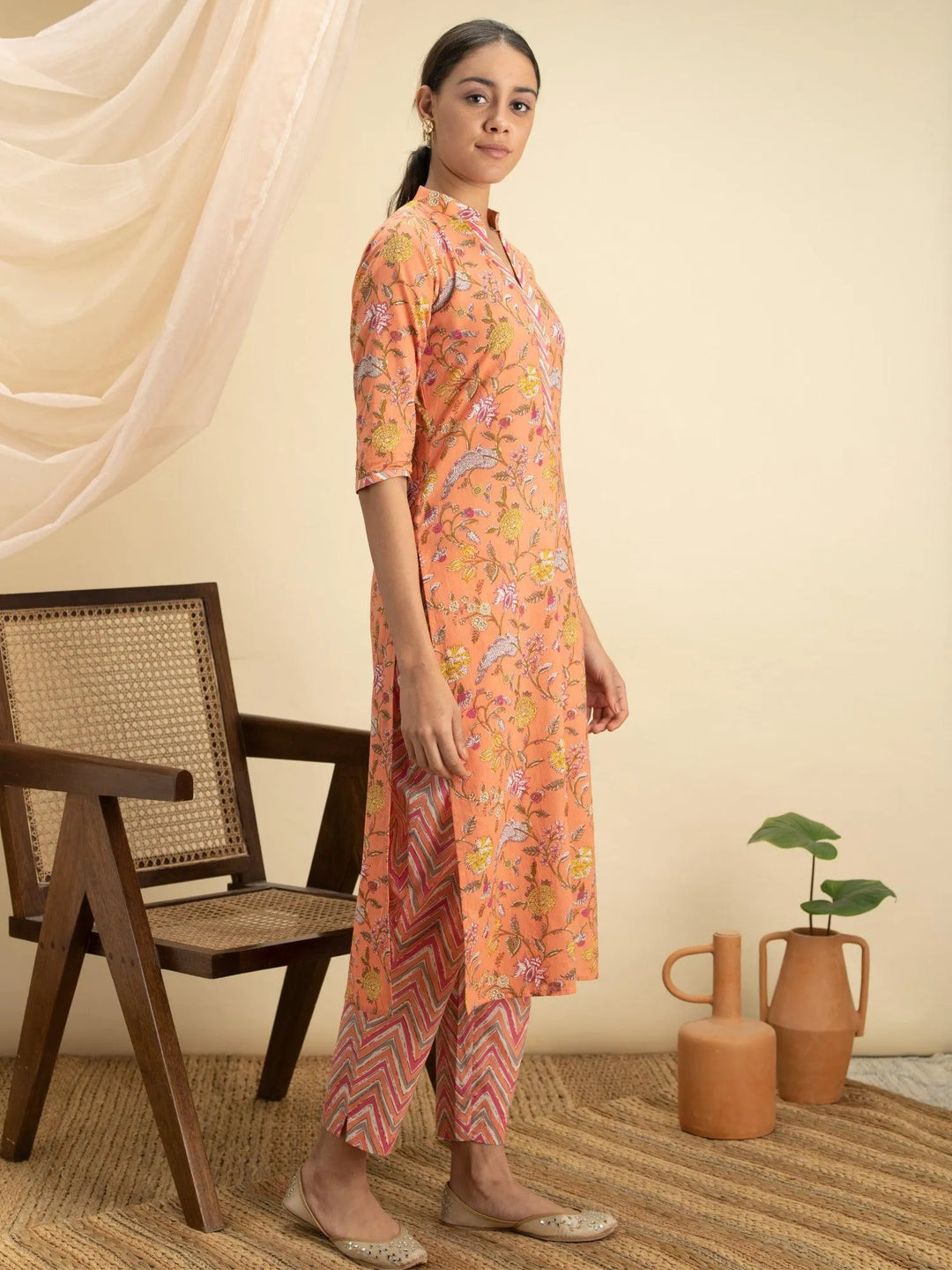 Orange Printed Cotton Kurta Set - Libas