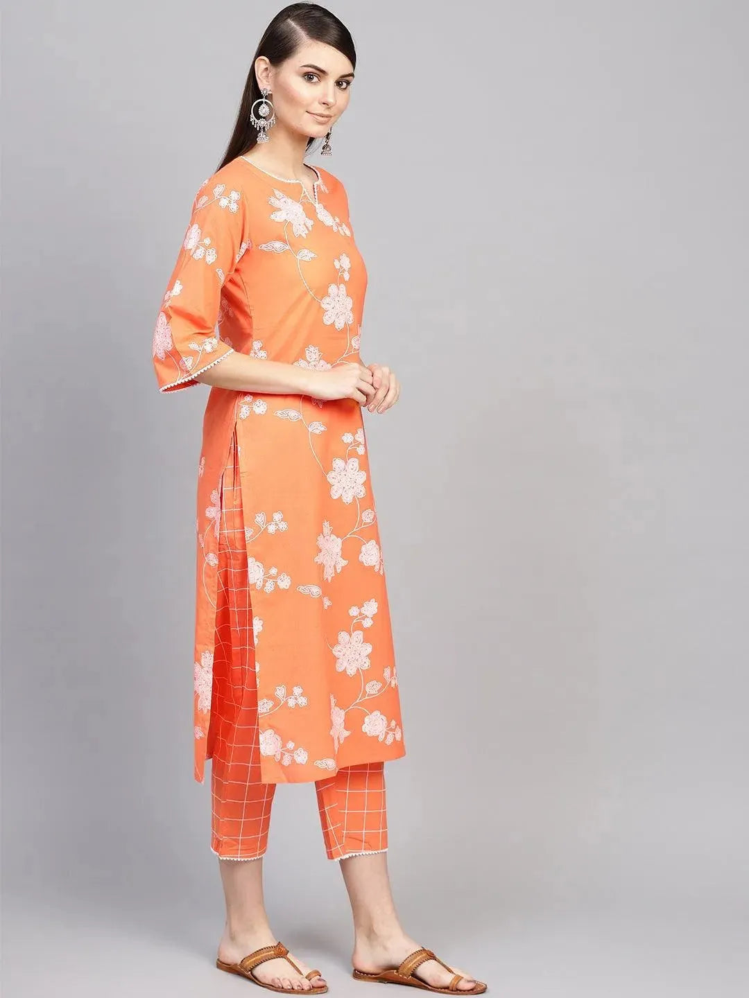 

Orange Printed Cotton Straight Kurta With Trousers