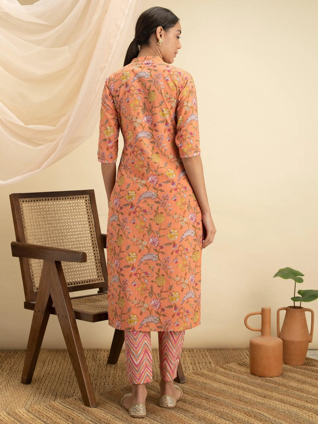 Orange Printed Cotton Kurta Set - Libas 