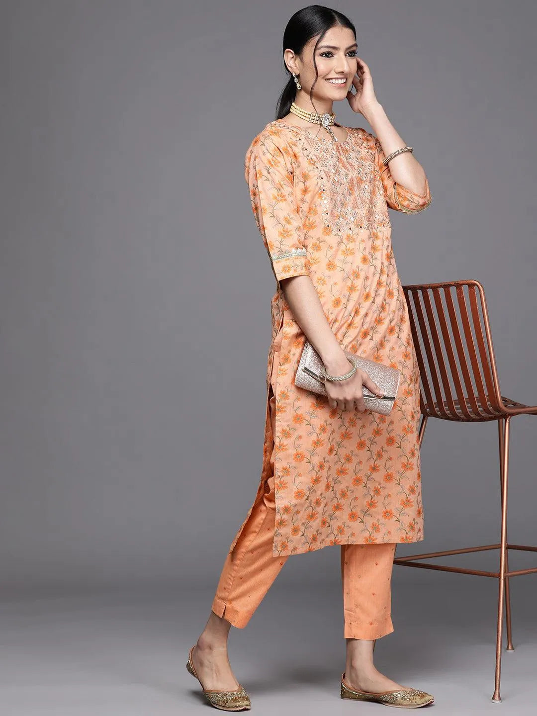 Orange Printed Cotton Trousers - Libas