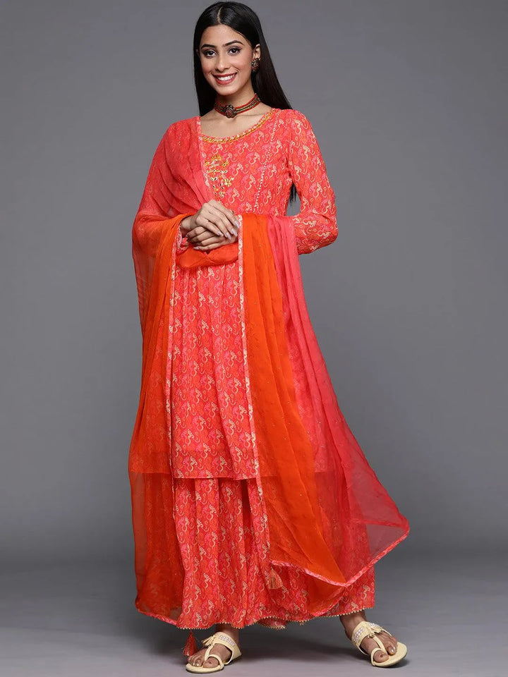 Orange Printed Georgette Suit Set - Libas