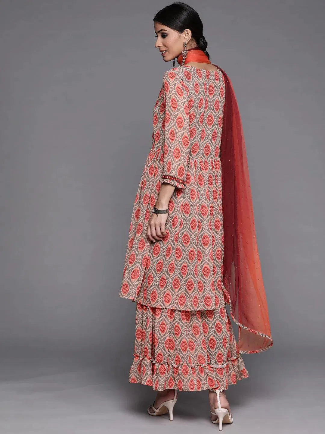 

Orange Printed Georgette A-Line Kurta With Sharara & Dupatta