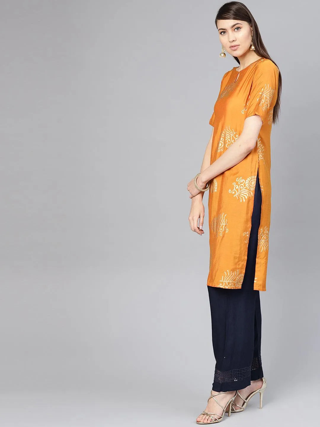 Orange Printed Muslin Kurta Set - Libas