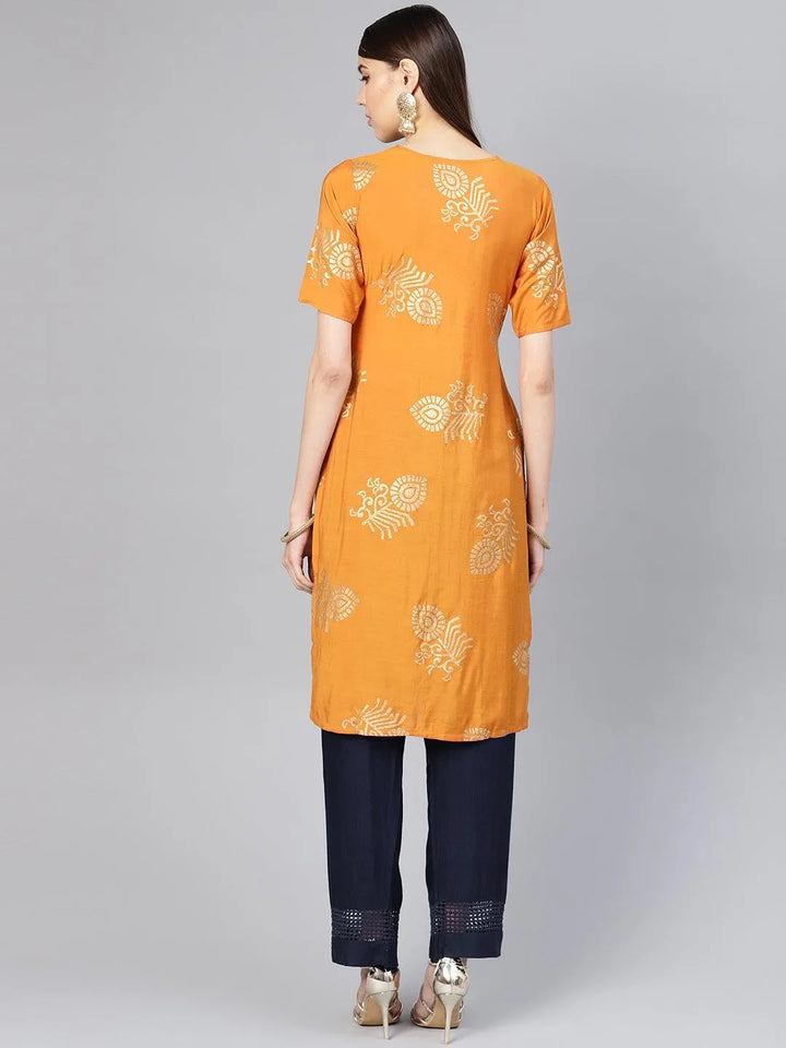 Orange Printed Muslin Kurta Set - Libas