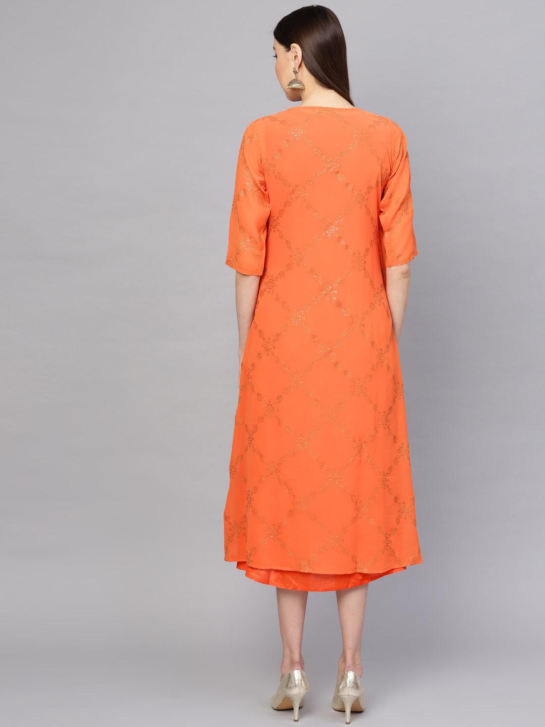 Orange Printed Polyester Dress With Jacket