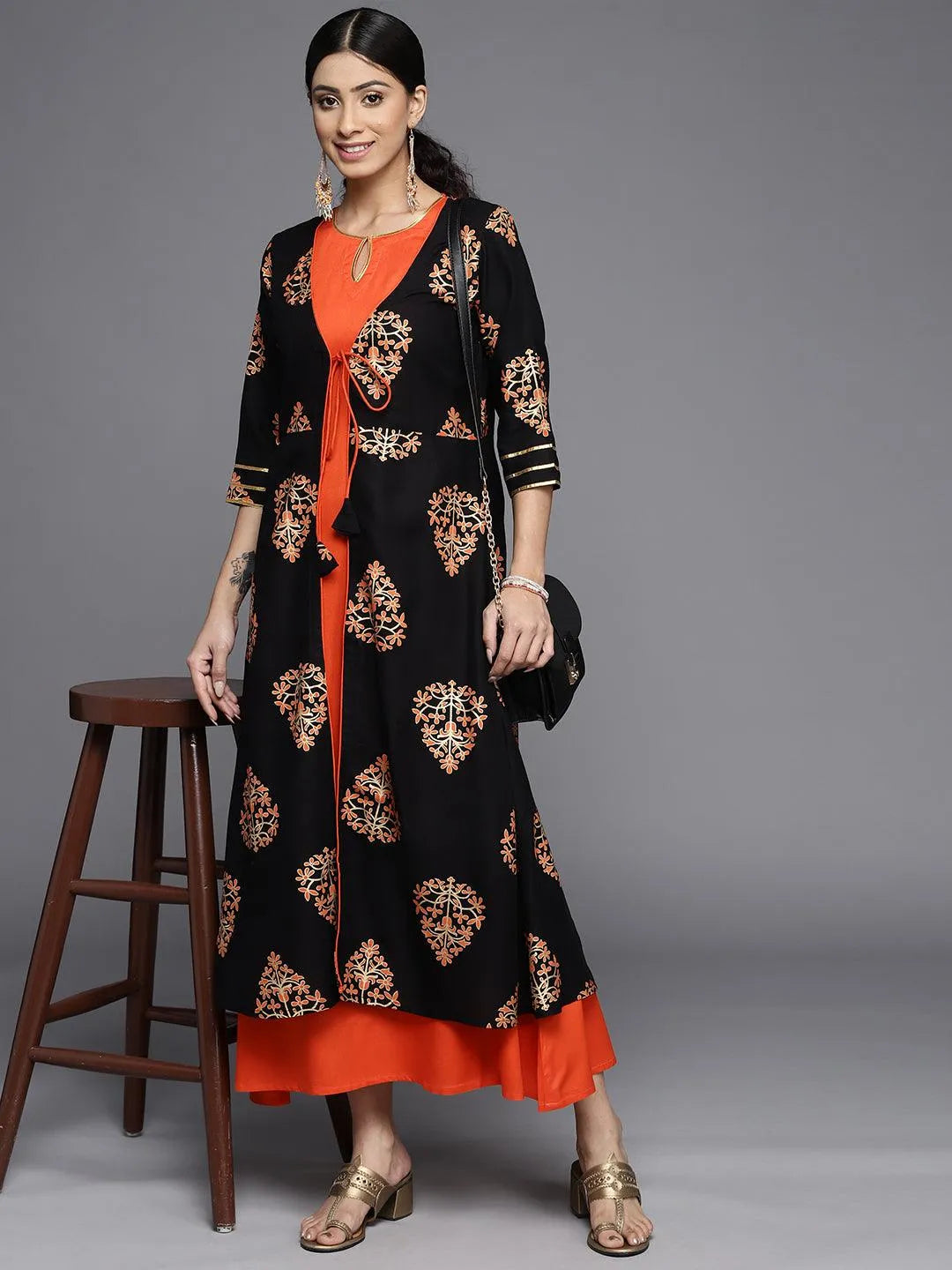 Orange Printed Rayon Dress - Libas