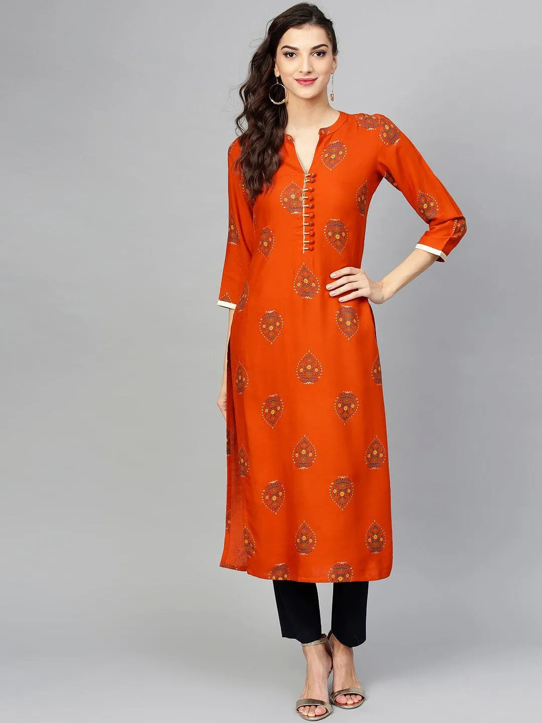 Orange Printed Rayon Kurta - Libas