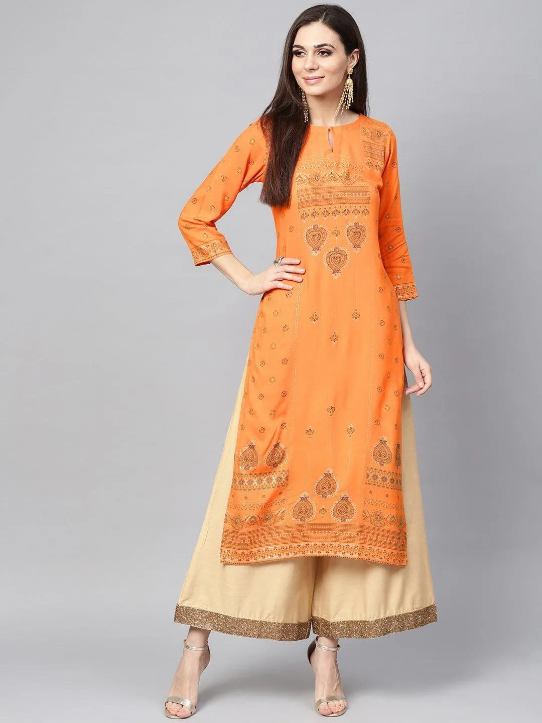 Orange Printed Rayon Kurta - Libas