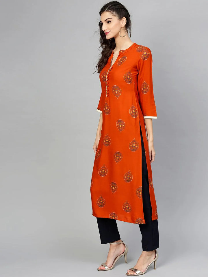 Orange Printed Rayon Kurta - Libas