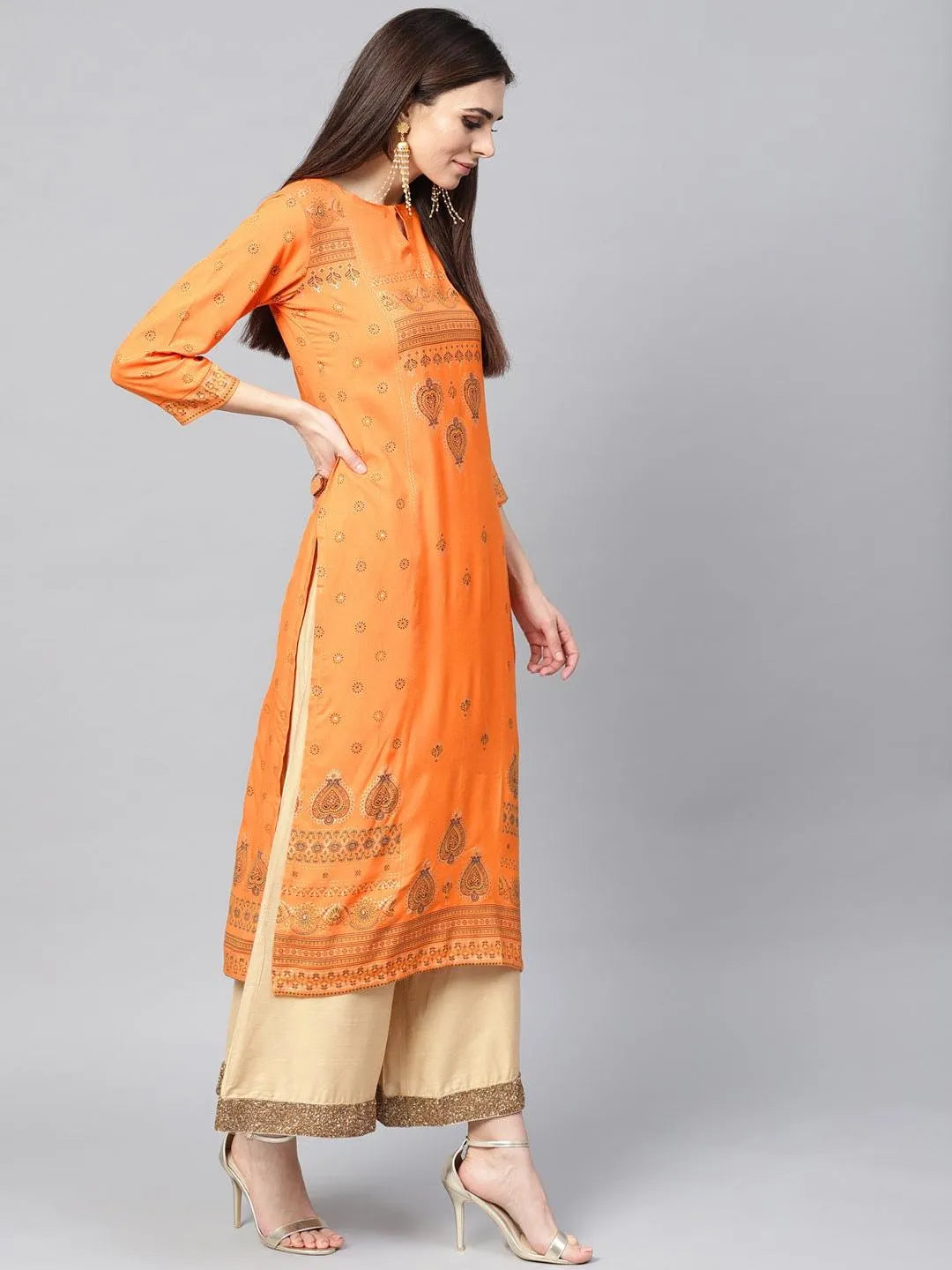 Orange Printed Rayon Kurta - Libas