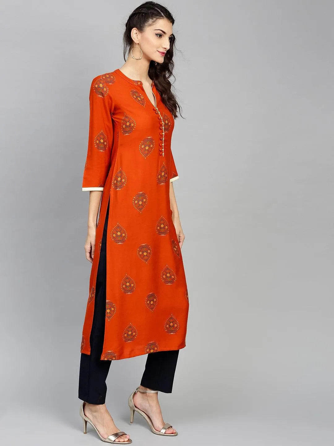 Orange Printed Rayon Kurta - Libas