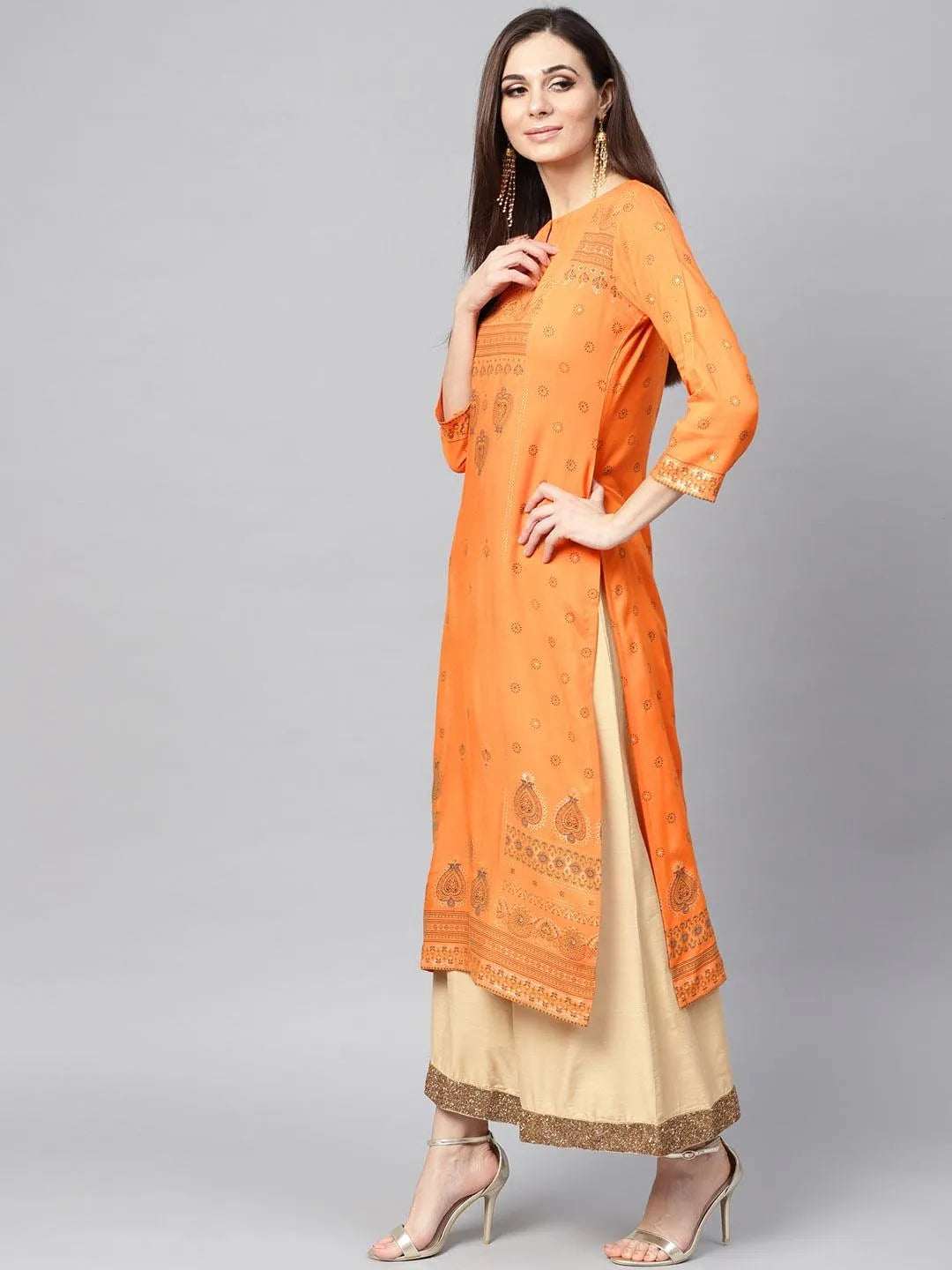 Orange Printed Rayon Kurta - Libas