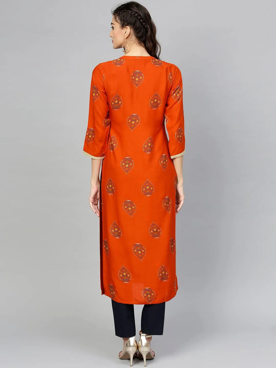 Orange Printed Rayon Kurta - Libas