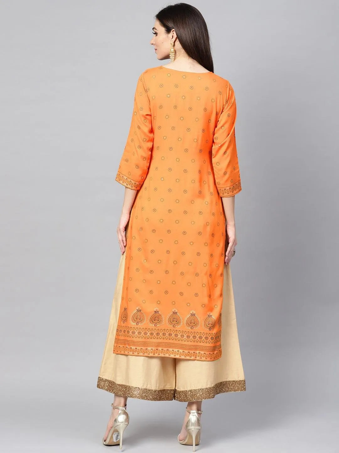 Orange Printed Rayon Kurta - Libas