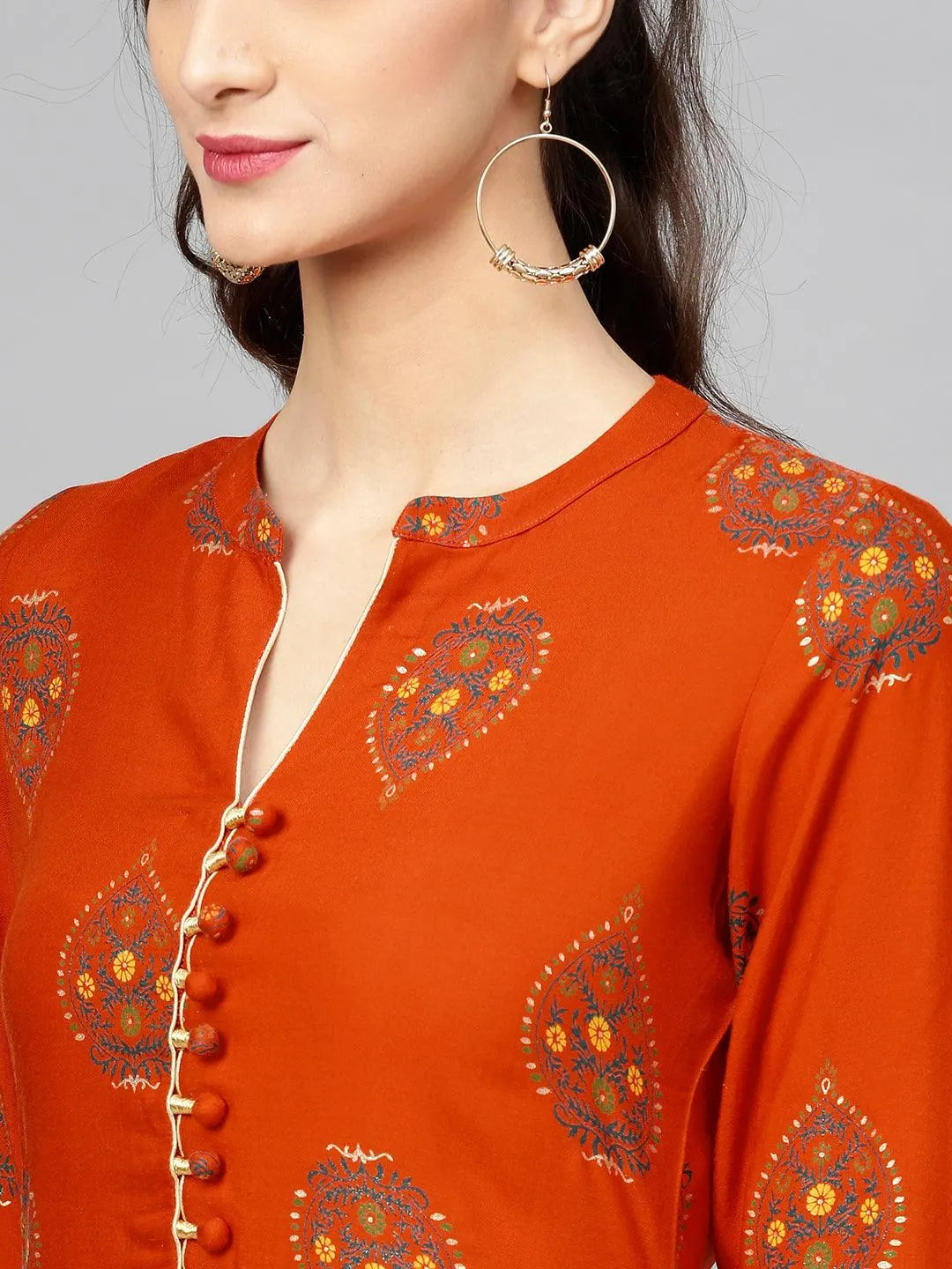 Orange Printed Rayon Kurta - Libas