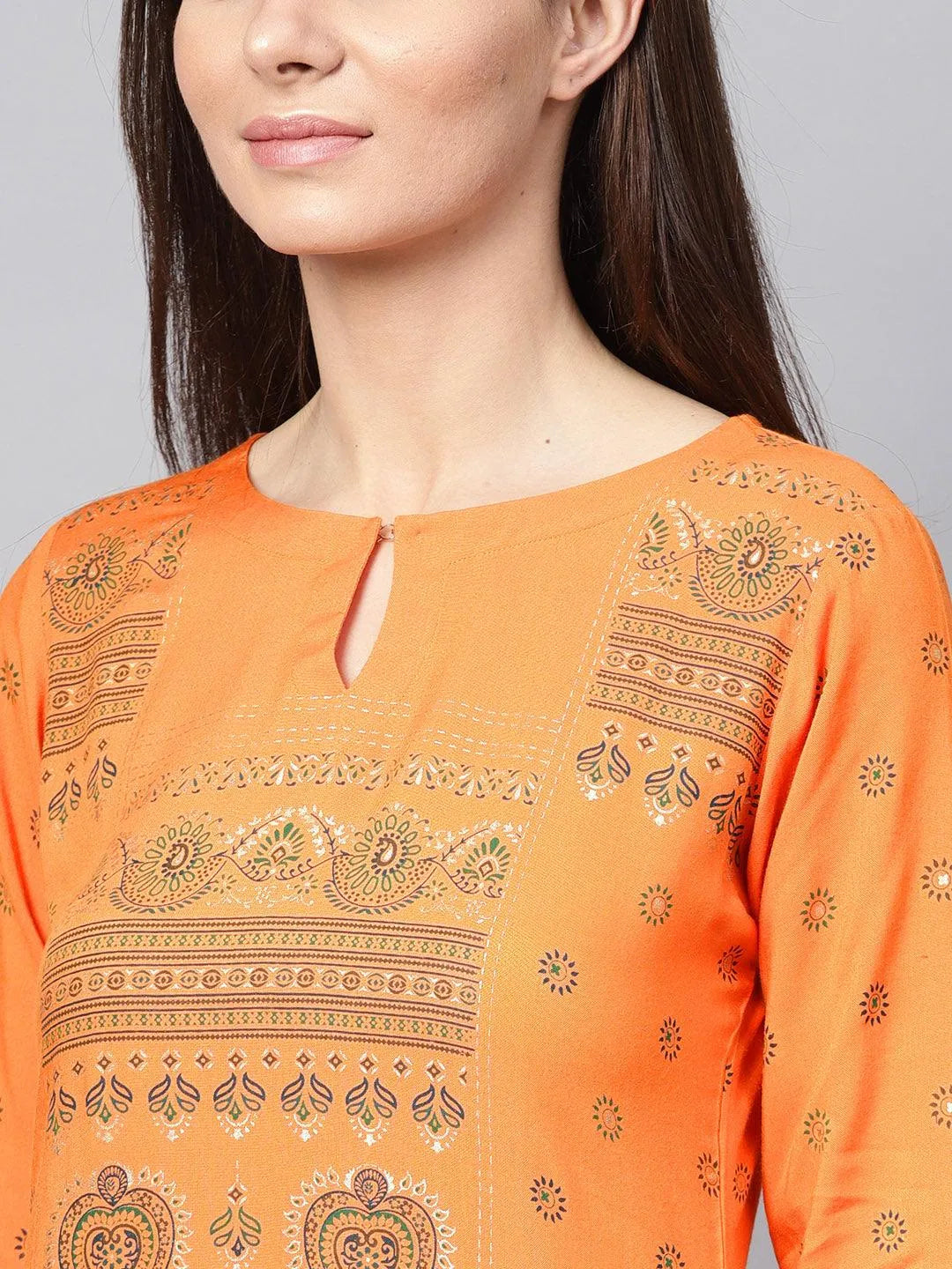 Orange Printed Rayon Kurta - Libas