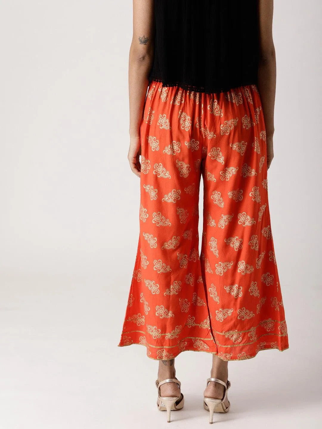 Orange Printed Rayon Palazzos - Libas 