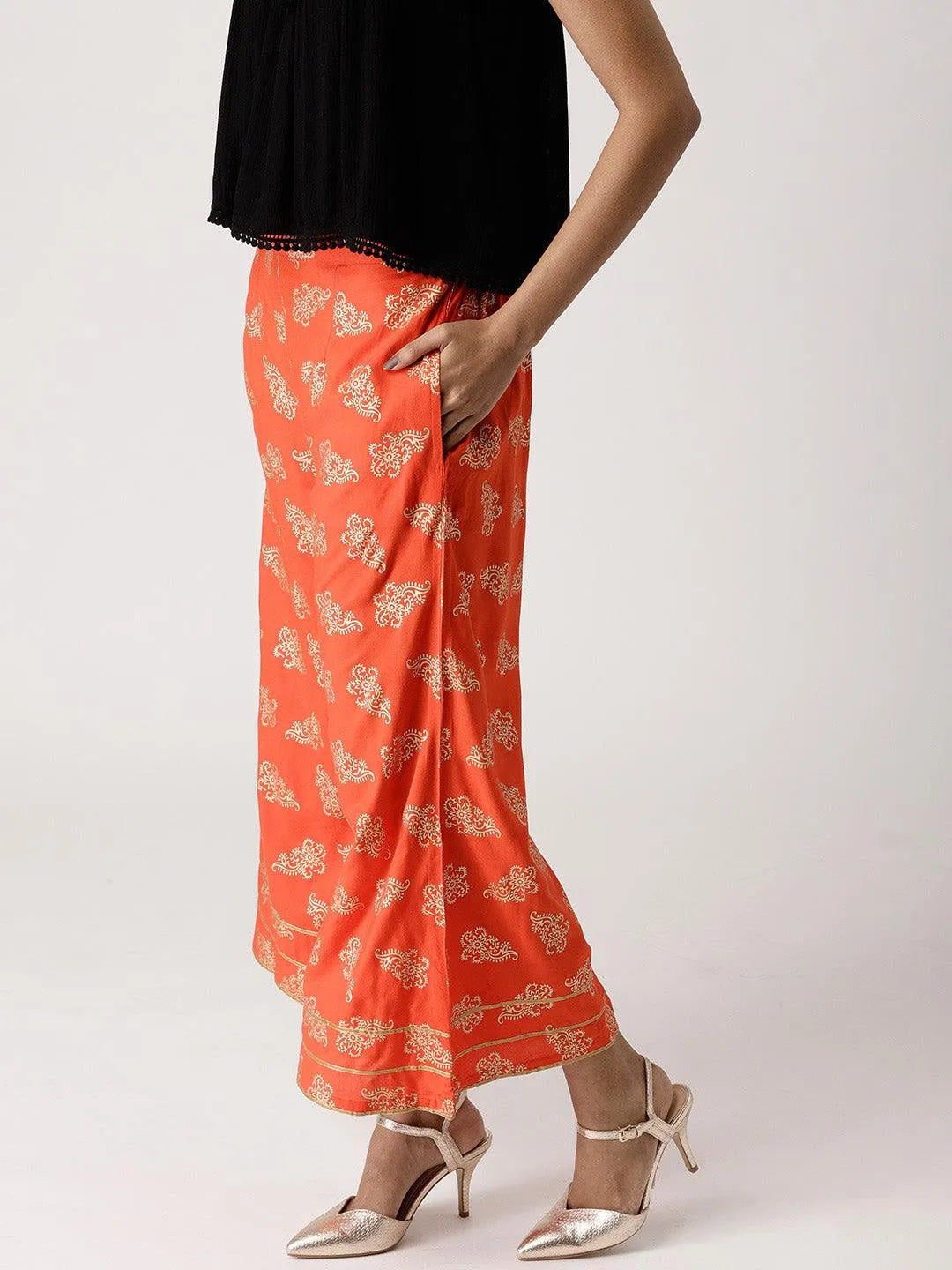 Orange Printed Rayon Palazzos - Libas 