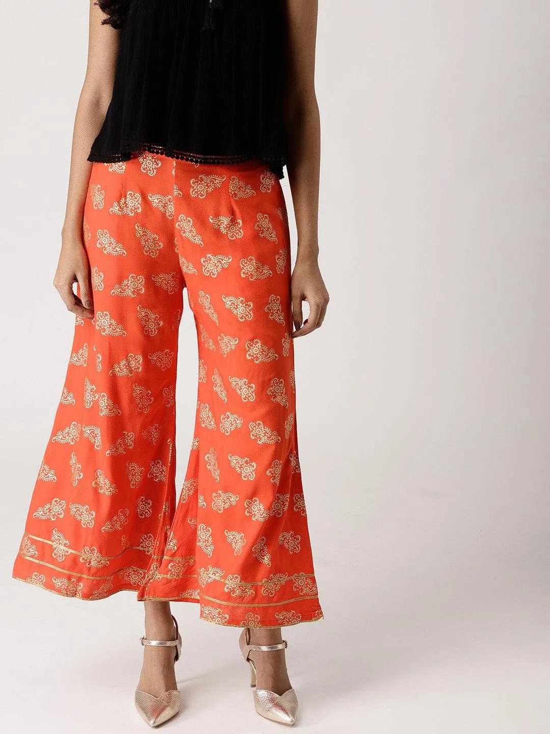 Orange Printed Rayon Palazzos - Libas 