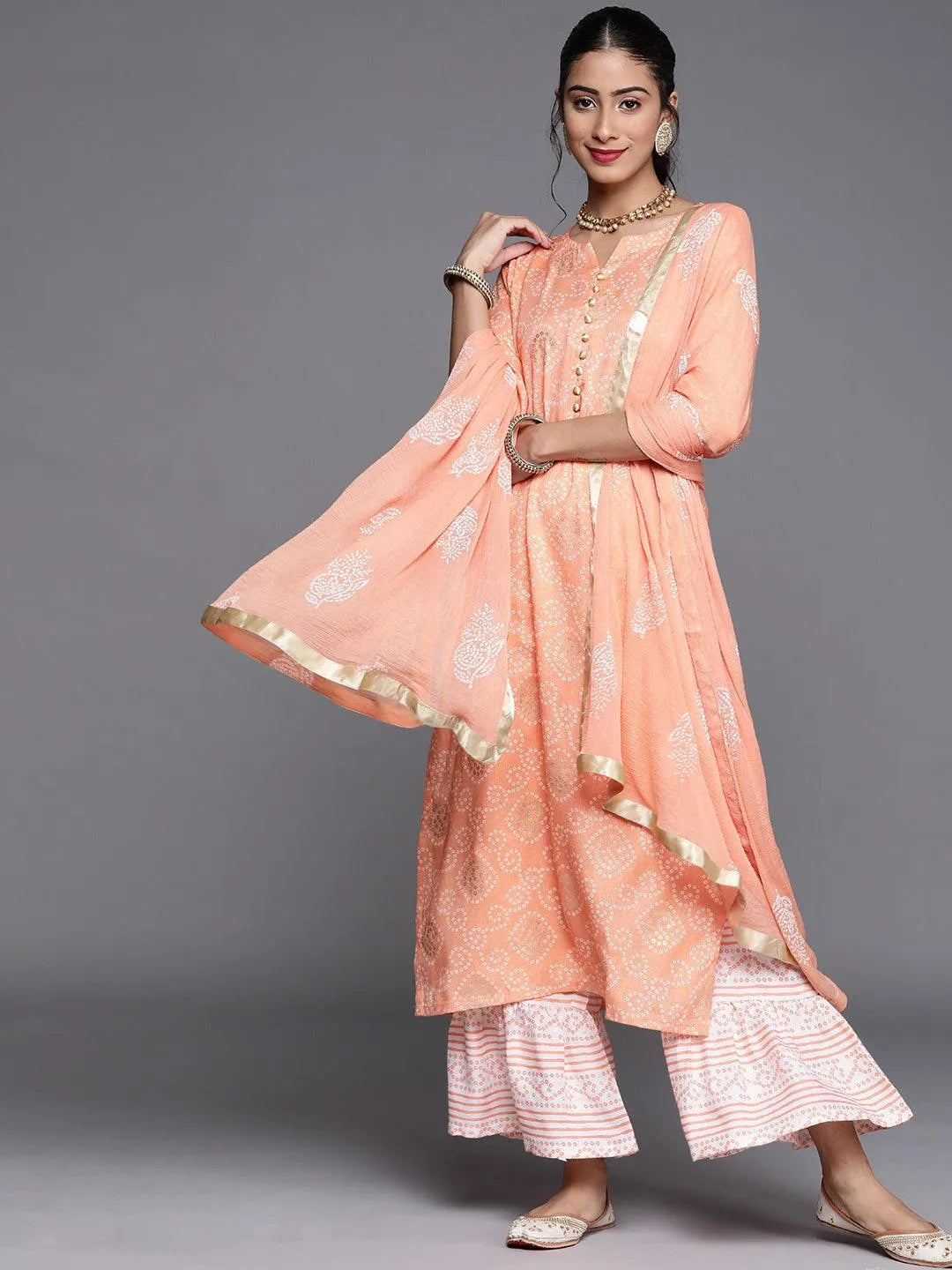 Orange Printed Viscose Rayon Suit Set - Libas