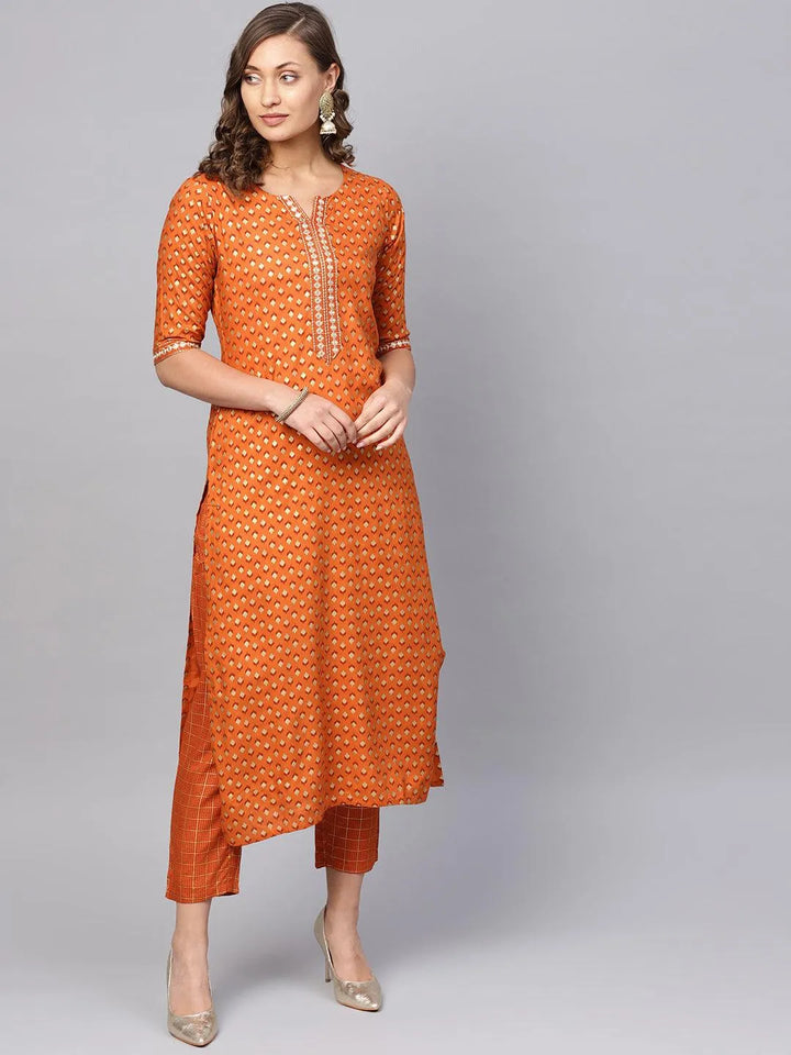 Orange Printed Rayon Kurta Set - Libas