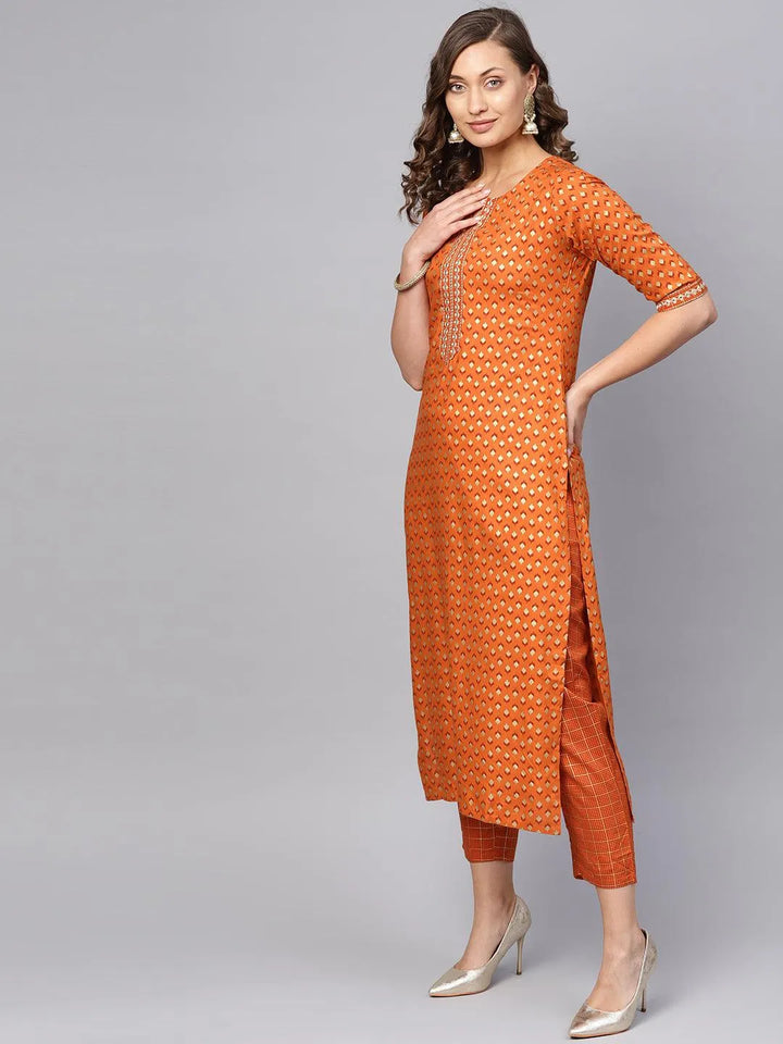 Orange Printed Rayon Kurta Set - Libas