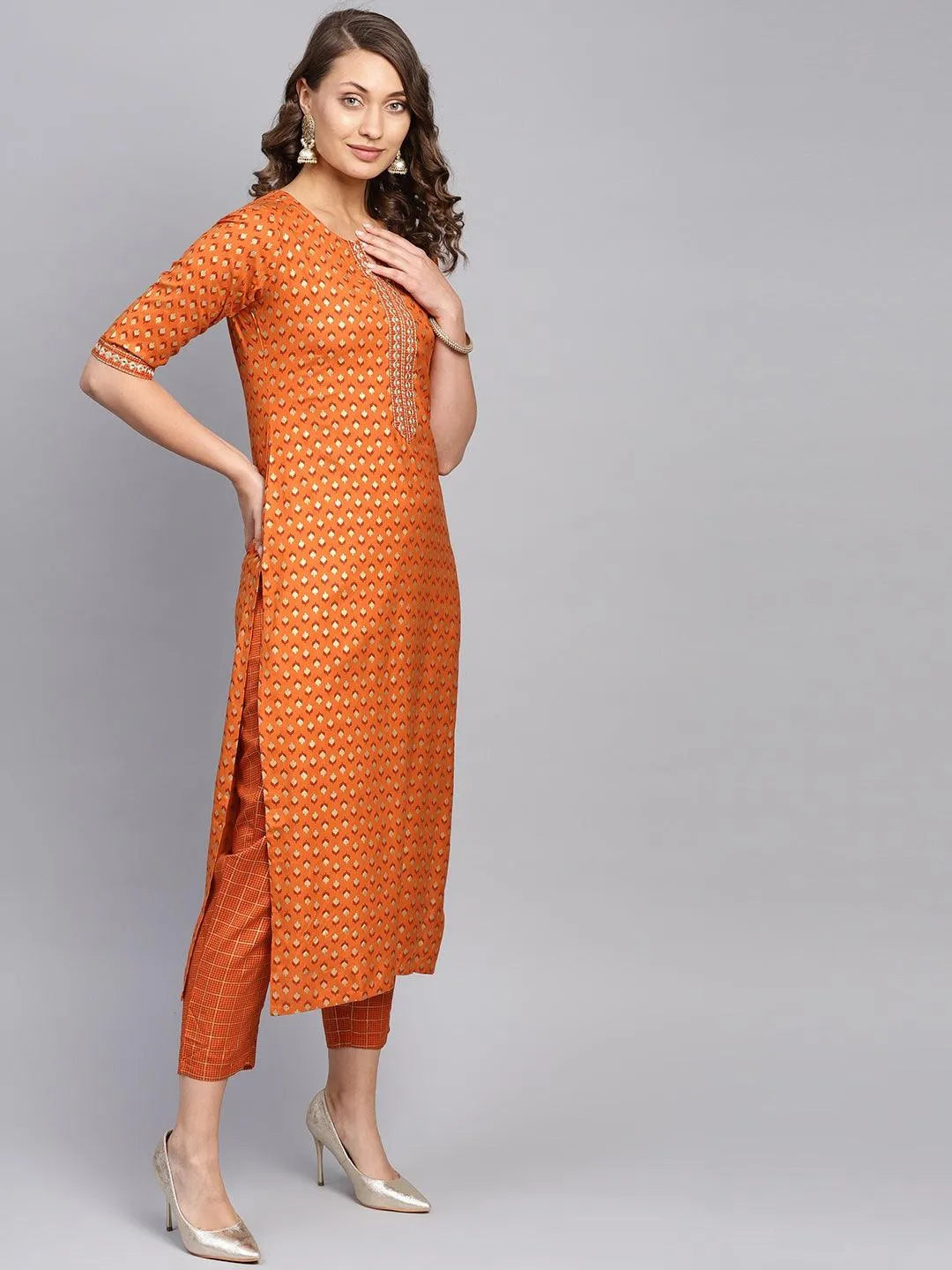 Orange Printed Rayon Kurta Set - Libas