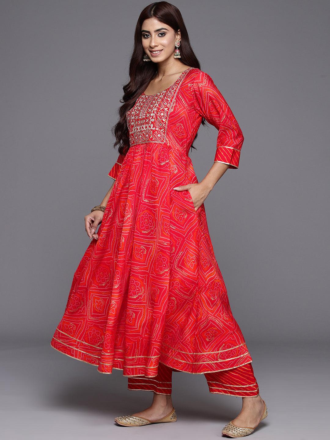 Orange Printed Silk Blend Anarkali Kurta With Trousers & Dupatta - Libas