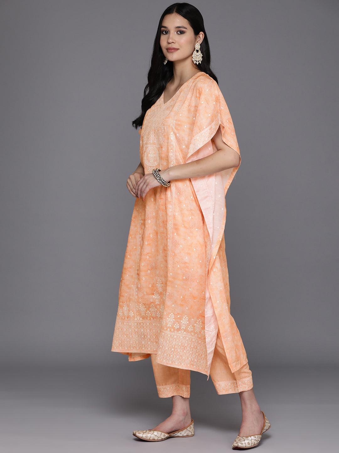 Orange Printed Silk Blend Kaftan Kurta Set With Trousers - Libas 