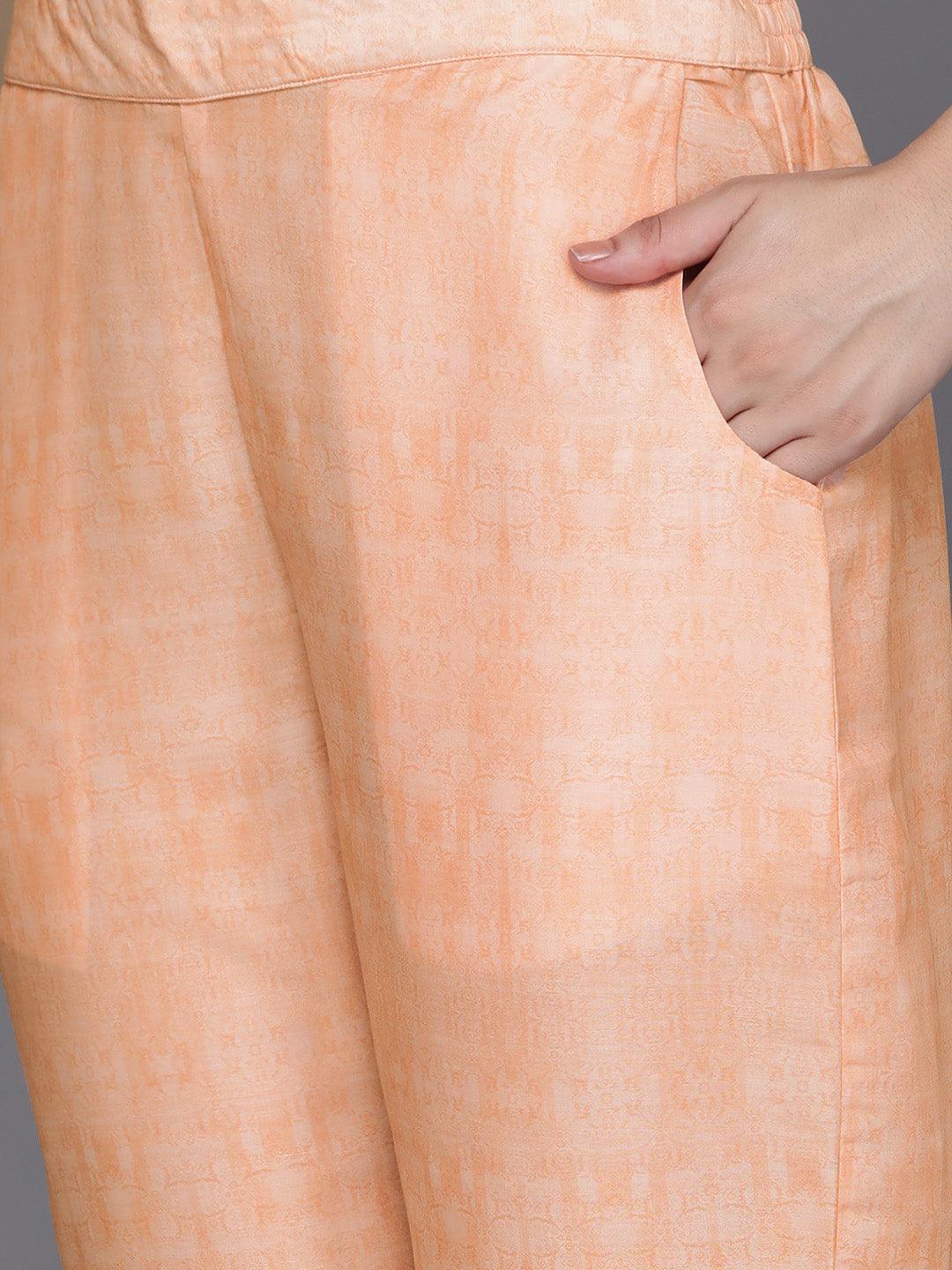 Orange Printed Silk Blend Kaftan Kurta Set With Trousers - Libas 