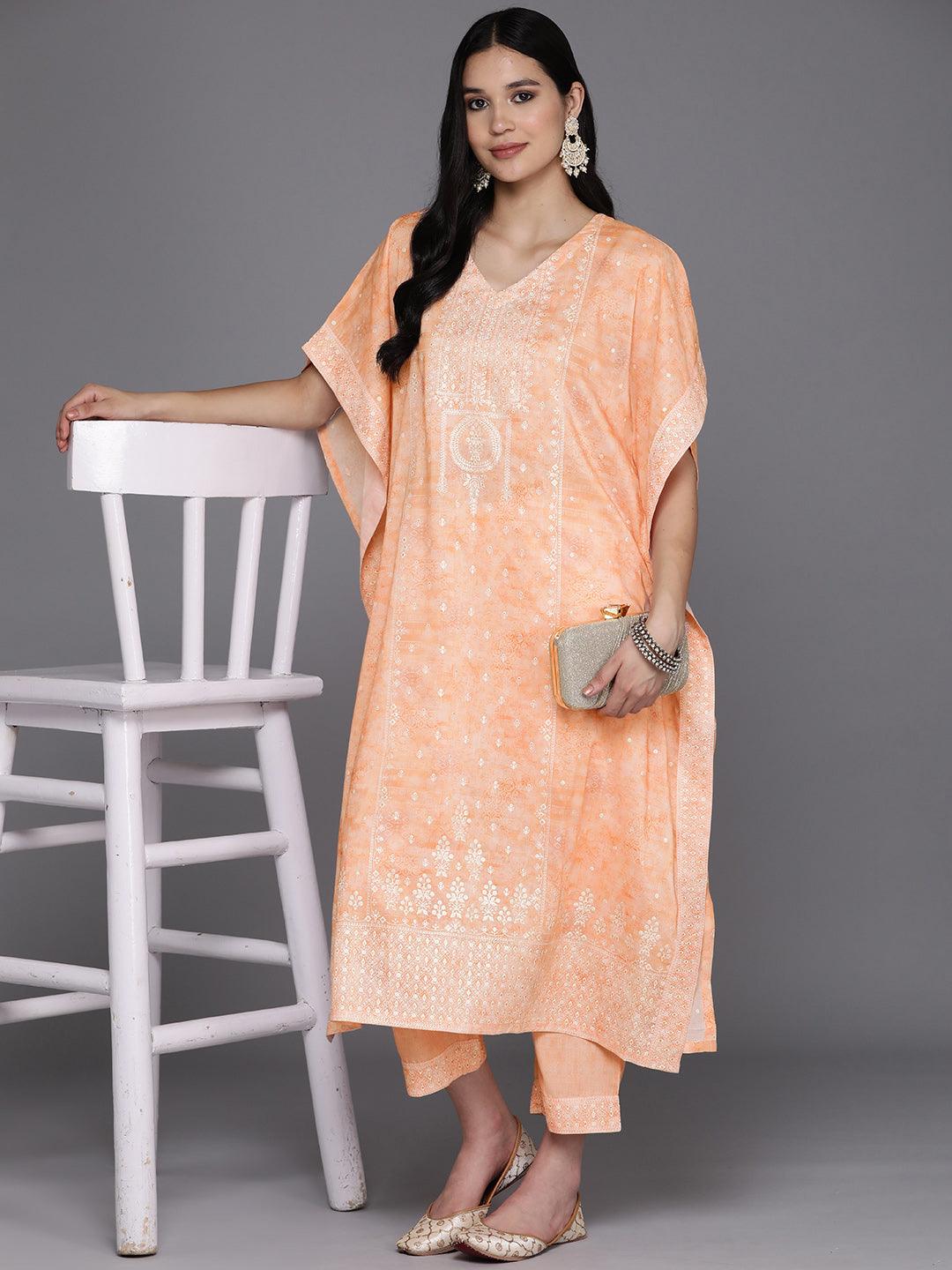 Orange Printed Silk Blend Kaftan Kurta Set With Trousers - Libas 