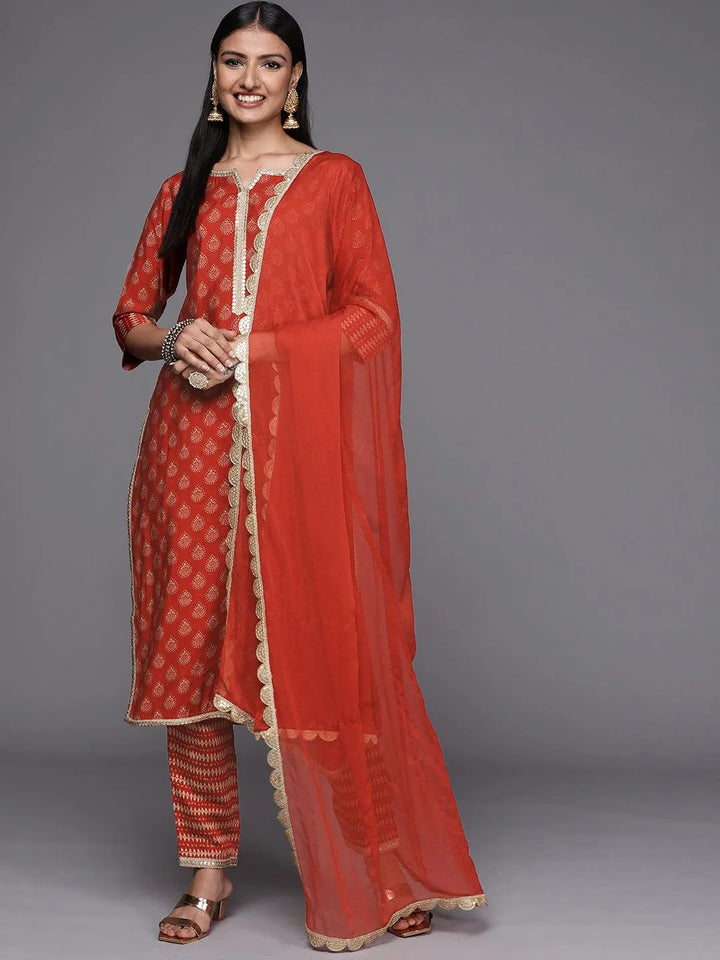 Orange Printed Silk Blend Straight Suit Set - Libas