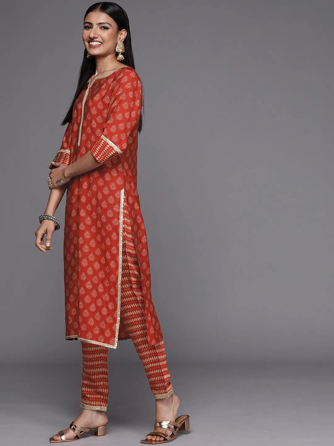 Orange Printed Silk Blend Straight Suit Set - Libas