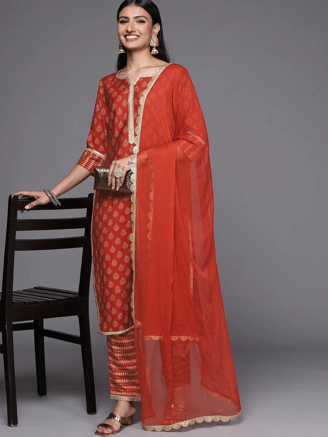 Orange Printed Silk Blend Straight Suit Set - Libas