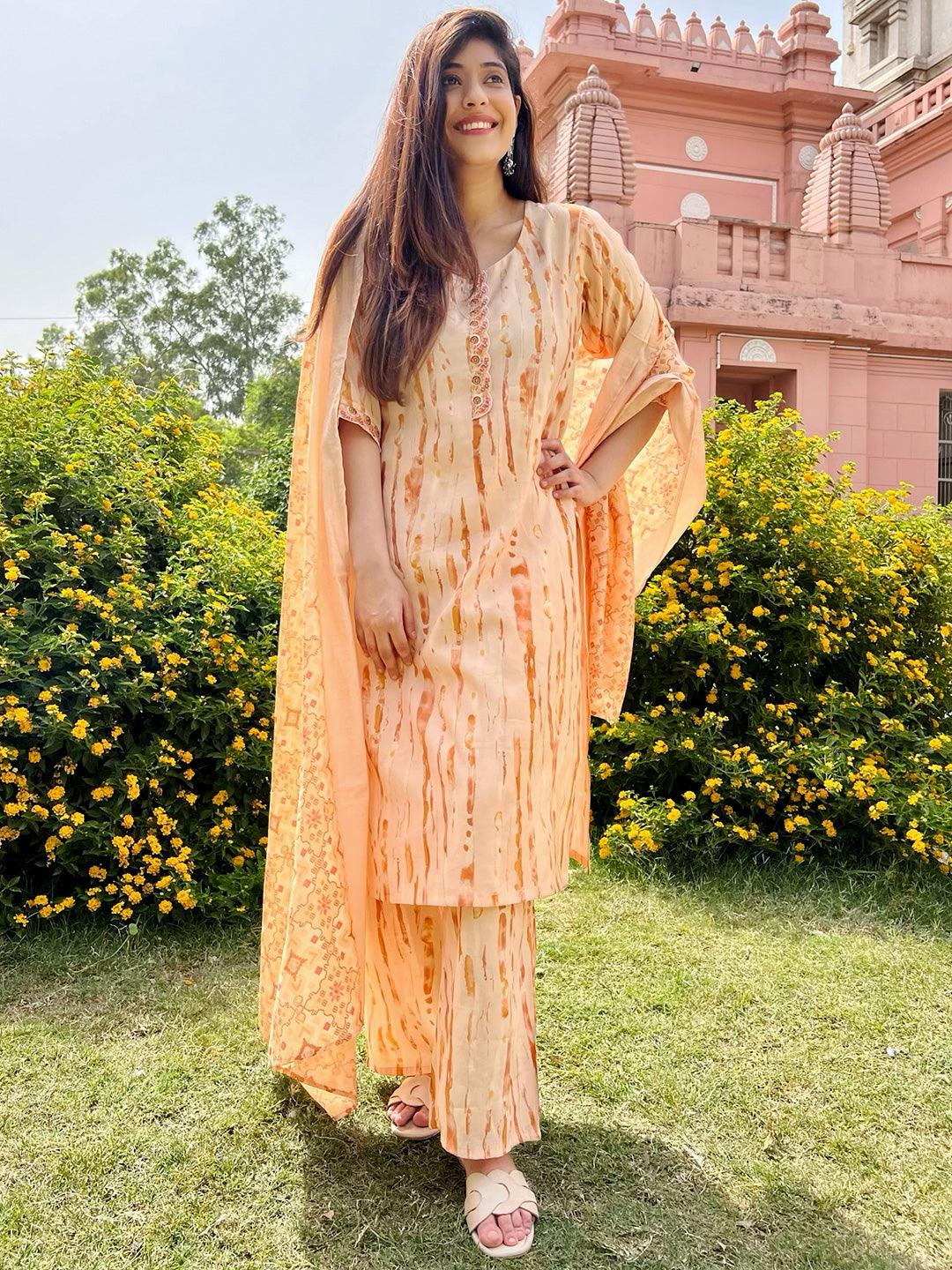 Orange Printed Silk Blend Straight Kurta With Trousers & Dupatta - Libas 