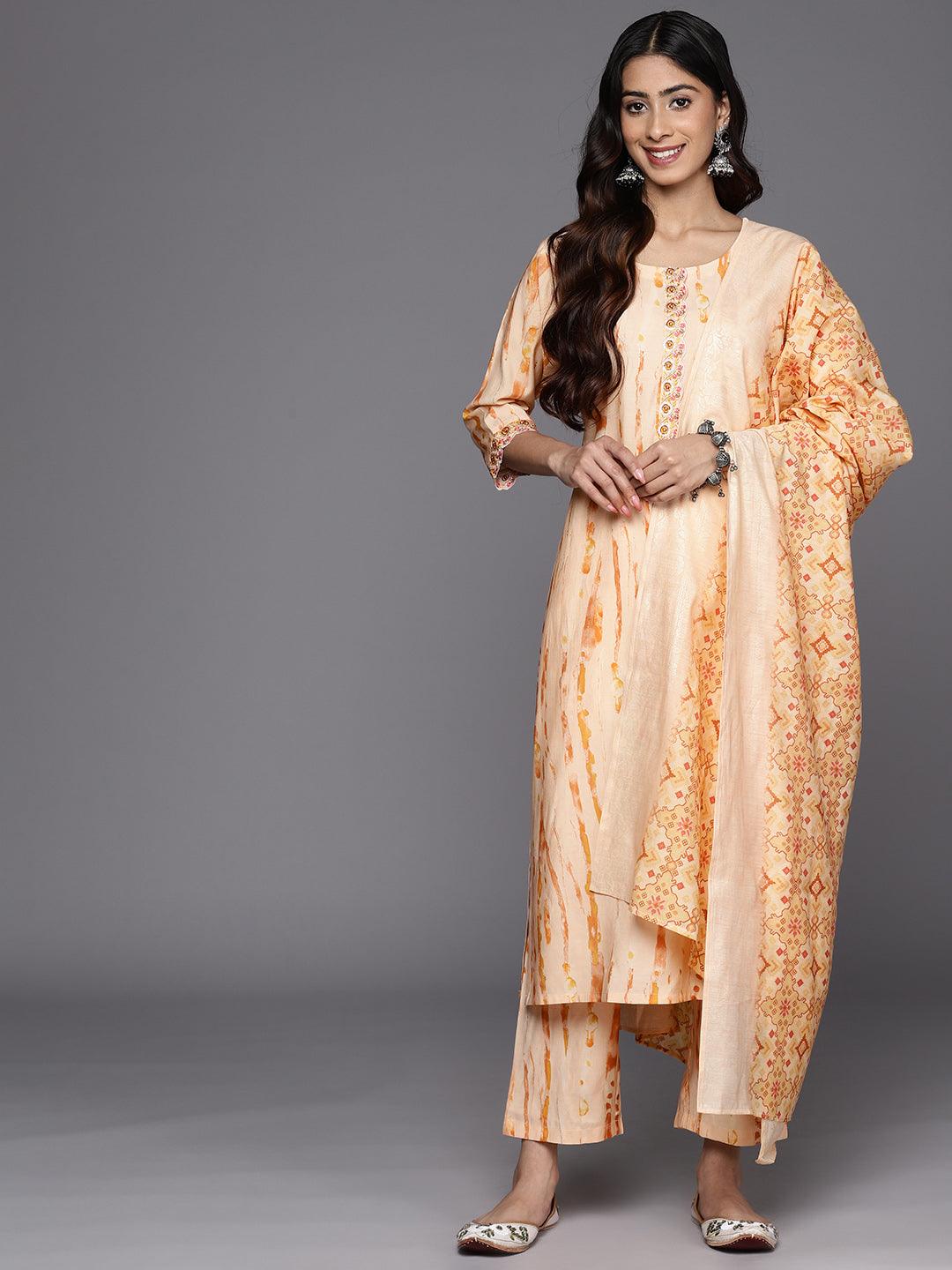 Orange Printed Silk Blend Straight Suit Set With Trousers - Libas 